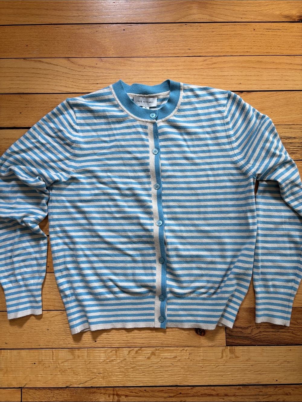 Free Assembly  Blue and Cream Striped Crewneck Button-Front Sweater
